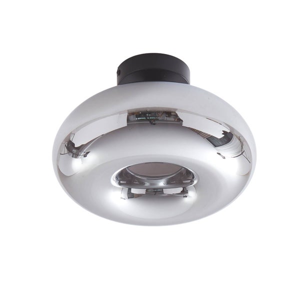 Deckenleuchte mit rundem, verspiegeltem Glasschirm in Ringform und schwarzer Basis.