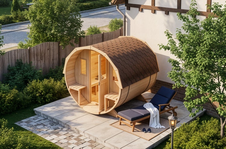Fasssauna aus hellem Holz auf einer Stein-Terrasse im Garten mit Gartenbeleuchtung und Liegestuhl.