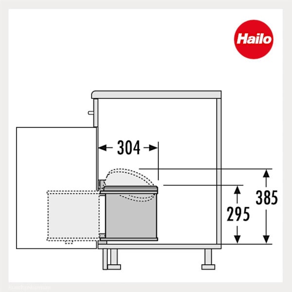 Maßzeichnung eines Einbaumülleimers im Küchenunterschrank mit Breitenmaß 304 Millimeter und Höhenmaßen 295 und 385 Millimeter. Hailo Logo.