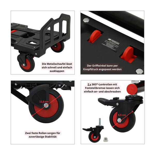 Details einer Sackkarre: ausklappbare Metallschaufel, verstellbarer Griff, feste Rollen 11,5 cm und Lenkrollen mit Bremse 6,5 cm Durchmesser.