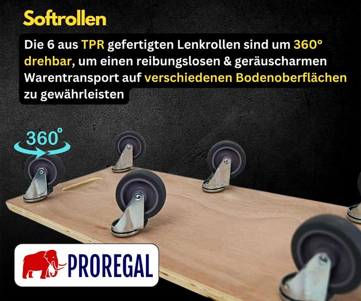 PROREGAL Mega Deal 4x Profi Transportroller mit 6 Rollen HxBxT 11 x 30 x 68 cm Traglast 300 kg Sperrholzplatte Braun