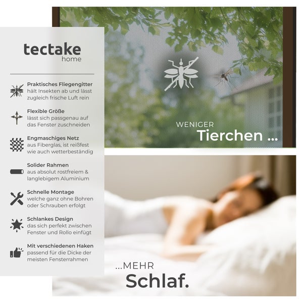 Produktbild von Tectake Insektenschutzgitter mit den Vorteilen und einer schlafenden Frau.
