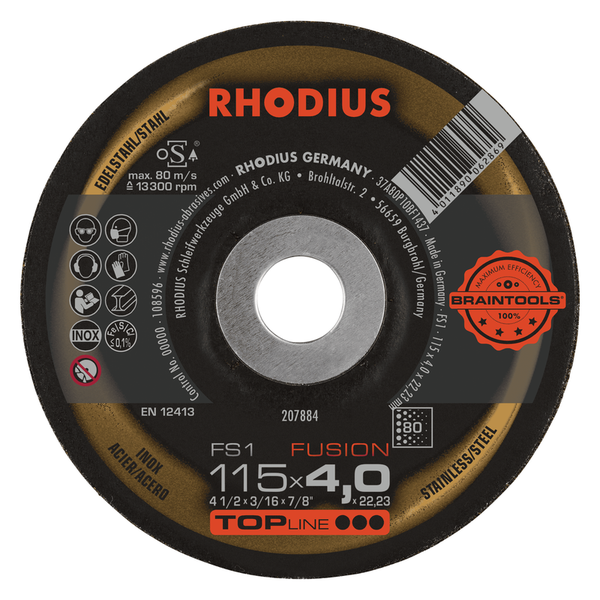 RHODIUS Schruppscheibe FS1 FUSION, 10 Stück, 115 x 4,0 x 22,23 mm, Korn 80, für Edelstahl, Stahl, Metall, TOPline