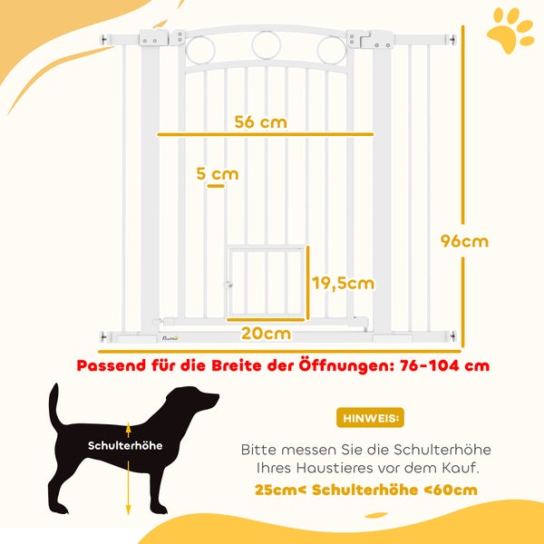 PawHut Türschutzgitter Hund, 76-104 cm Absperrgitter ohne Bohren, Treppengitter aus Stahl, Treppenschutzgitter mit Katzentür, Schutzgitter, Sicherheitsgitter für Treppen, Tür, Flur, Weiß