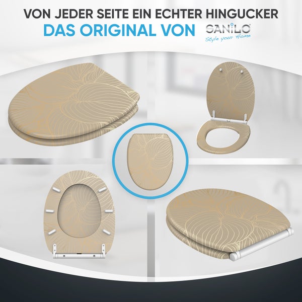 Sanilo WC-Sitz mit Blattmuster aus verschiedenen Perspektiven und Sanilo Logo.