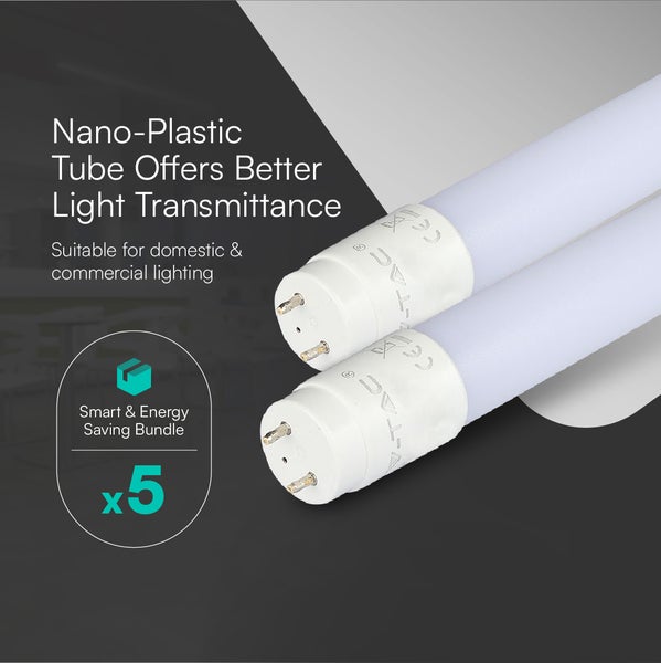 Fünfer-Pack V-TAC LED-Röhren aus Nano-Kunststoff für bessere Lichtdurchlässigkeit, geeignet für Wohn- und Gewerbebeleuchtung.