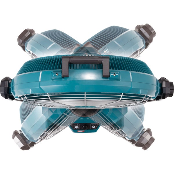 Akku-Lüfter in der Draufsicht mit Darstellung des Schwenkbereichs, Tragegriff und Bedienfeld mit Makita Logo.