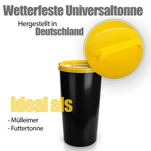 BigDean wetterfeste Universaltonne 60L mit luftdicht verschließbarem Deckel in Gelb – auch als Mülleimer –  Futtertonne oder Mülltonne geeignet – Innen + Außen geeignet – Made in Germany