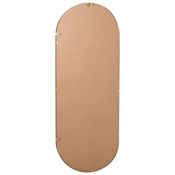 Rückansicht eines ovalen Spiegels mit Holzfaserplatte und Metall-Aufhängungen für vertikale oder horizontale Montage.