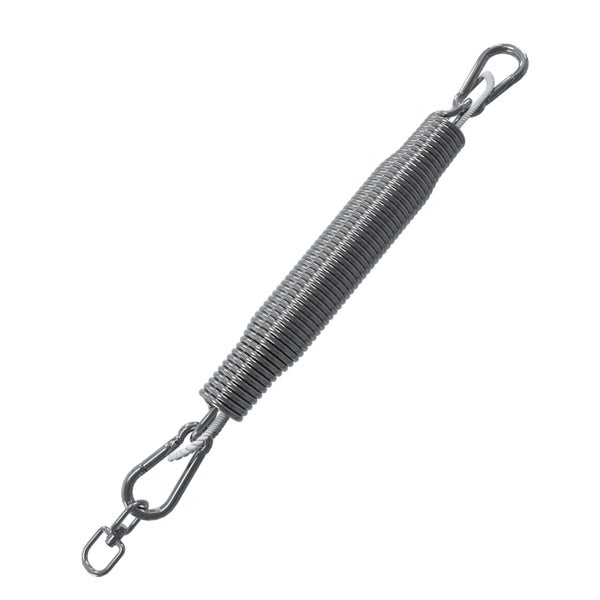 Eine metallene Zugfeder mit Karabinerhaken und Sicherheitsseil zur Befestigung von Sonnensegeln oder Hängematten