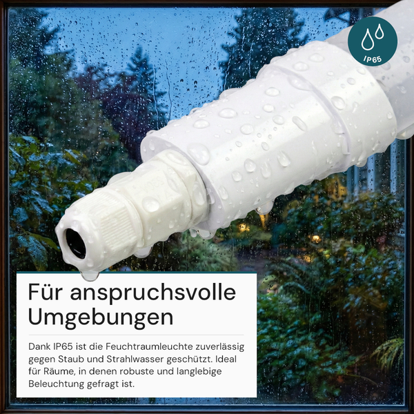 Weiße robuste Feuchtraumleuchte mit Wassertropfen und Kennzeichnung der Schutzart IP65 für den Schutz gegen Staub und Strahlwasser.