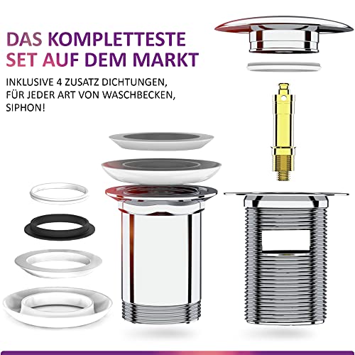 Ablaufgarnitur Waschbecken POP UP mit Überlauf + Design Siphon Waschbecken Extra Starke 304er Edelstahl Wände mit 750g - Geruchsverschluss inkl. Dichtungen