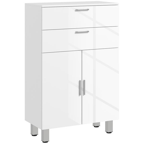 kleankin Badezimmerschrank Beistellschrank mit 2 Hochglanzweiß Schubladen, Tür, Badschrank mit Verstellbarem Regal, Aufbewahrungsschrank für Wohnzimmer 60 x 30 x 93 cm