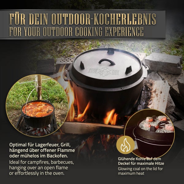 BBQ#BOSS Dutch Oven Set BBQ 4,2 Liter, Eingebrannter Feuertopf aus Gusseisen, Kochtopf mit Deckelheber und Edelstahluntersetzer, Schmortopf mit Schlitz für Themormeter, Grilltopf für Outdoor & Indoor