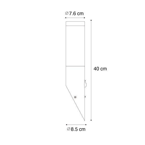 Maßzeichnung einer Außenleuchte mit 40 Zentimeter Höhe, 7,6 Zentimeter oberem Durchmesser und 8,5 Zentimeter unterem Durchmesser.