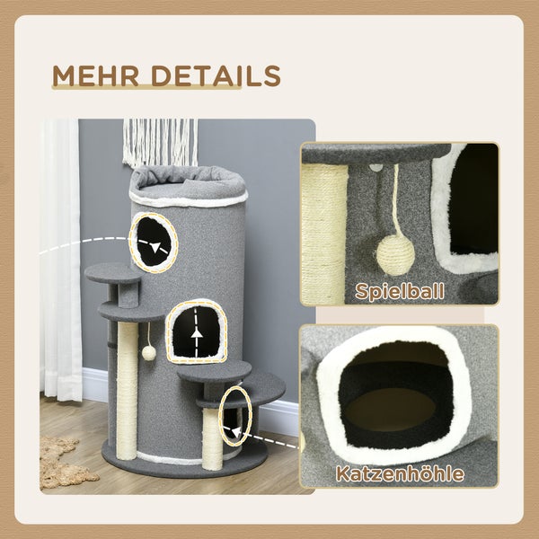 PawHut Katzen Kratztonne 99 cm Spieltonne Kratzbaum Katzenbaum mit Katzenbett, Spielball, Plattformen, Katzenkratzbaum mit 3 Türen, Katzenmöbel, Grau