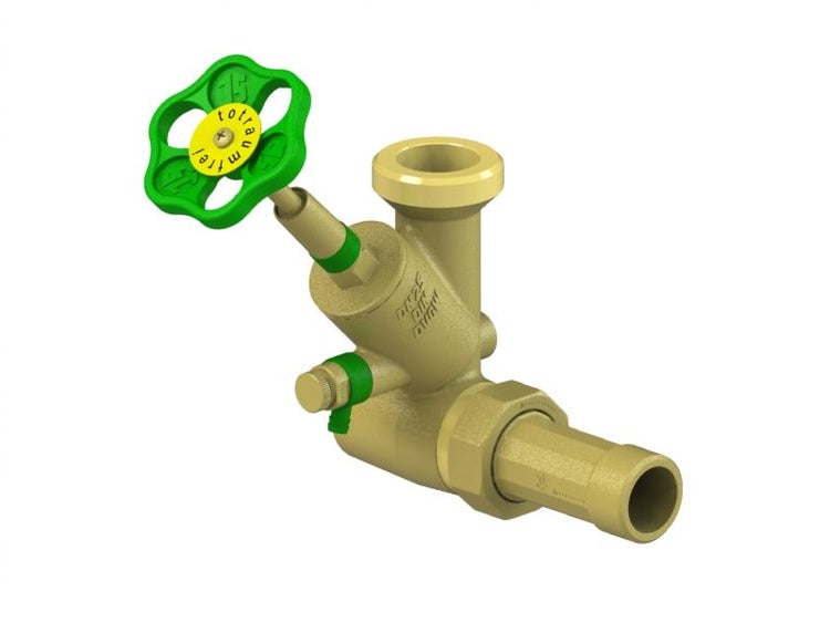 Schrägsitzventil aus Messing mit grünem Handrad für die Wasserinstallation.
