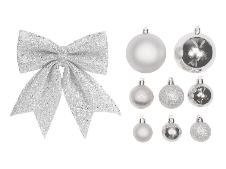 Weihnachtsbaumschmuck Set bestehend aus einer großen Schleife und acht Weihnachtskugeln in verschiedenen Größen und Oberflächenstrukturen