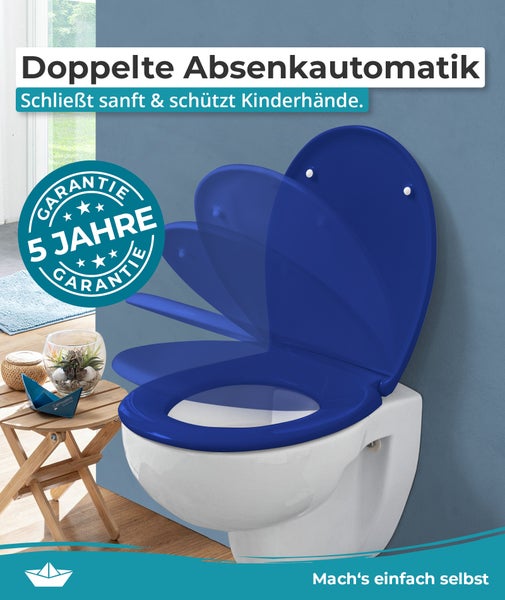 Wand-WC mit blauem WC-Sitz. Die Grafik illustriert die doppelte Absenkautomatik beim Schließen. Siegel für fünf Jahre Garantie.
