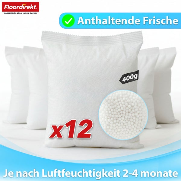Floordirekt Logo, 12er Set Luftentfeuchter-Beutel mit jeweils 400 Gramm Granulat für lang anhaltende Frische.