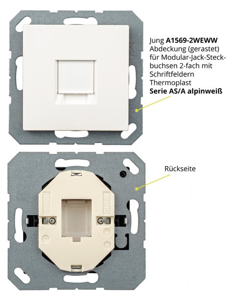 Keystone RJ45 Cat. 6A Modul inkl. Jung Keystone Abdeckung 1fach A1569-1WEWW & 1fach Rahmen AS581WW alpinweis, Netzwerkdose