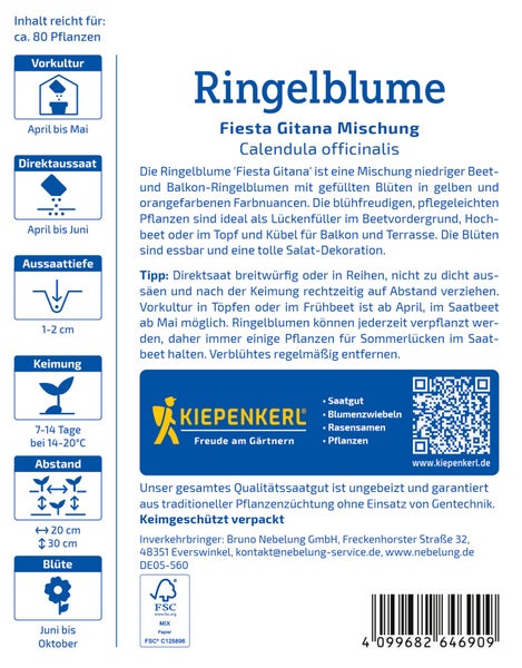 Saatguttüte Ringelblume Fiesta Gitana Mischung Calendula officinalis von Kiepenkerl mit Anbauinformationen und Hinweisen zur Aussaat und Pflege.