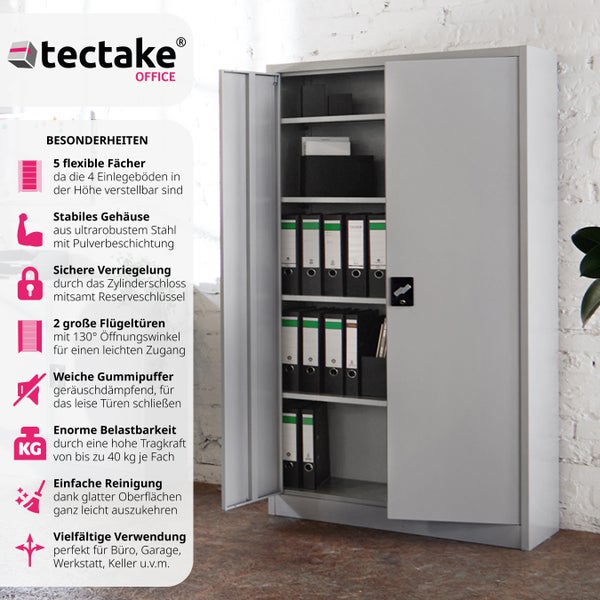 Aktenschrank tectake  180 x 90 x 40 cm aus pulverbeschichtetem Stahl grau