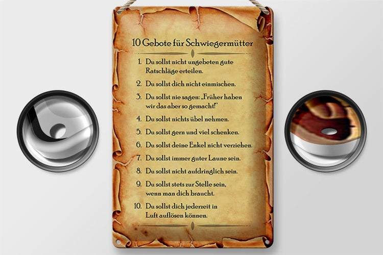 Blechschild Spruch 20x30cm 10 Gebote für Schwiegermütter