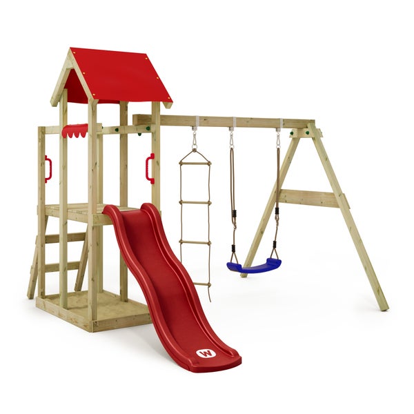 WICKEY Spielturm Klettergerüst TinyPlace mit Schaukel und Rutsche, Kletterturm mit Sandkasten, Leiter und Spiel-Zubehör - rot