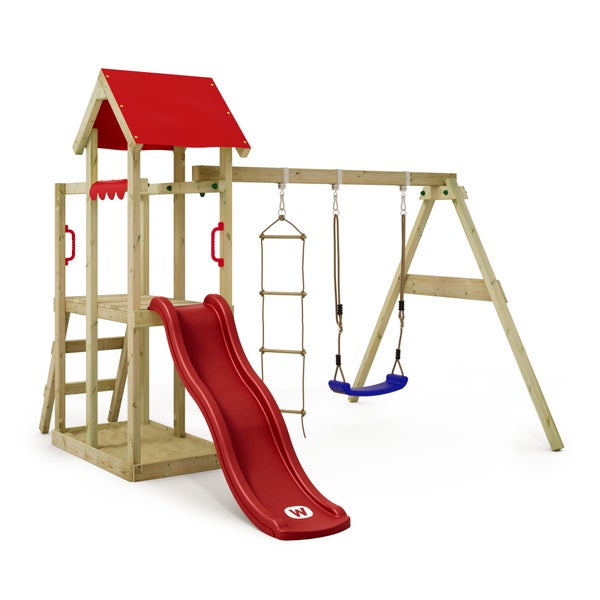 WICKEY Spielturm Klettergerüst TinyPlace mit Schaukel und Rutsche, Kletterturm mit Sandkasten, Leiter und Spiel-Zubehör - rot