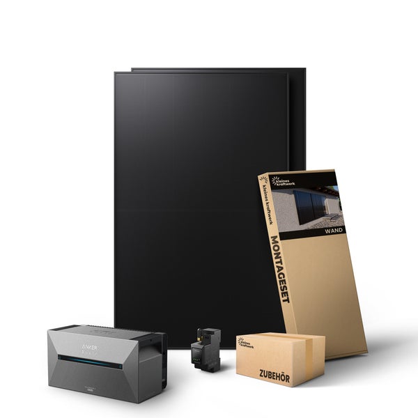 Balkonkraftwerk Set von kleines kraftwerk mit zwei schwarzen Solarmodulen, Anker SOLIX Solarbank, Wand-Montageset und Zubehörbox.