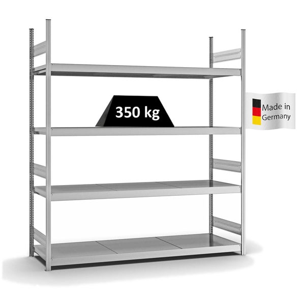 PROREGAL Weitspannregal Stecksystem T-Profil Grundregal HxBxT 250x225x60 cm 4 Ebenen Stahlplatten Fachboden Fachlast 350 kg Verzinkt