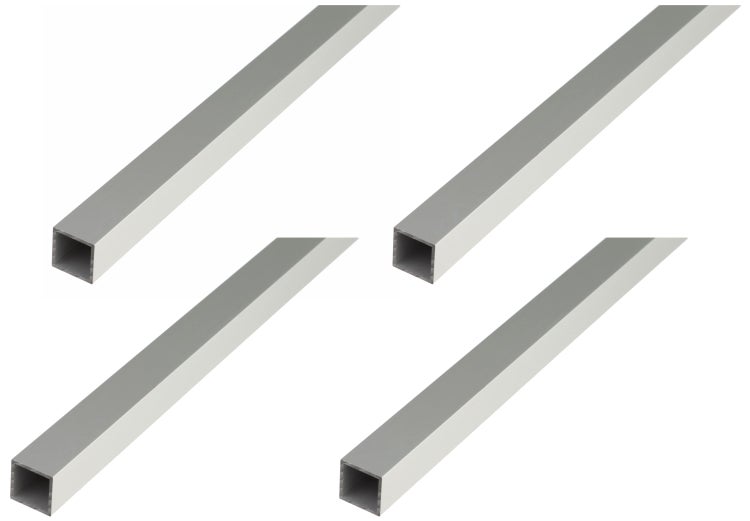 Vier Aluminium Vierkantrohre in quadratischer Form
