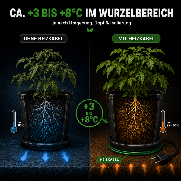 Vergleichsgrafik zur Wirkung eines Heizkabels auf die Temperatur im Wurzelbereich einer Pflanze in einem Topf mit Temperaturangaben.