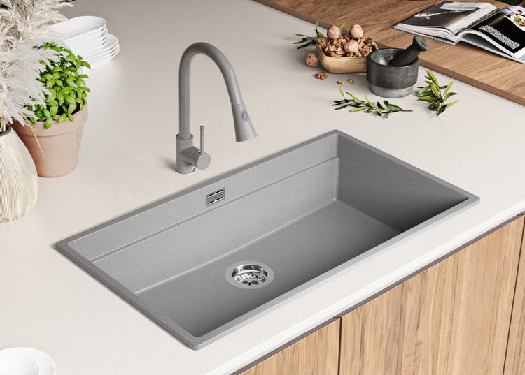 PRIMAGRAN Spülbecken Grau 86x47cm, Granitspüle 1 Becken + Ablauf-Set + Aufrollbare Abtropffläche, Küchenspüle ab 90er Unterschrank - Praga Slim