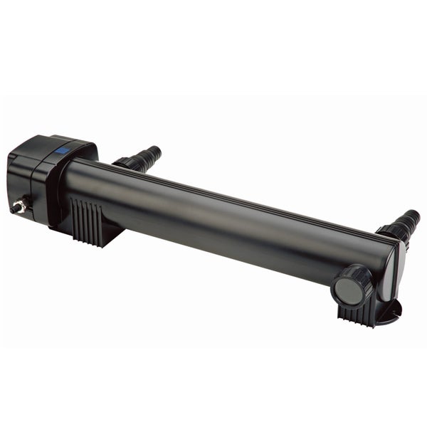 Schwarzer UVC Teichklärer aus Kunststoff für klares Wasser im Gartenteich mit seitlichen Schlauchanschlüssen.