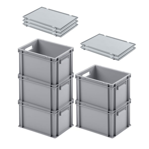 PROREGAL SuperSparSet 5 x Eurobehälter Mit Offenem Griff und Scharnierdeckel HxBxT 23,5 x 30 x 40 cm 22 Liter Grau Eurobox Transportbox