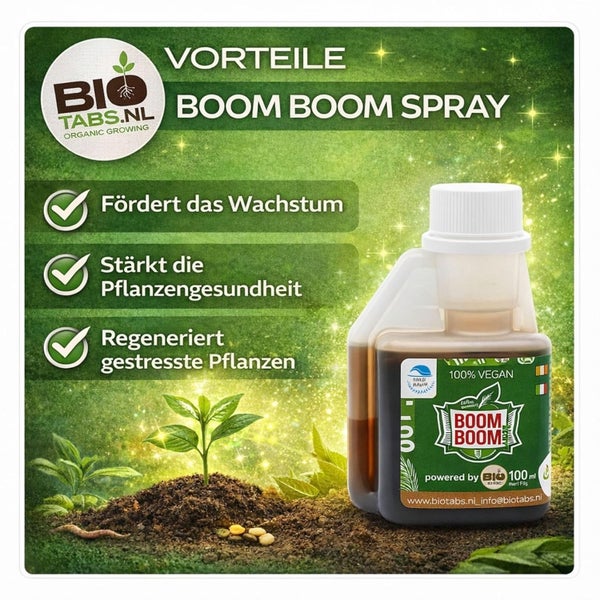 BioTabs Logo, BioTabs Boom Boom Spray Flasche. Vorteile: fördert Wachstum, stärkt Gesundheit, regeneriert gestresste Pflanzen. 100 Prozent vegan.