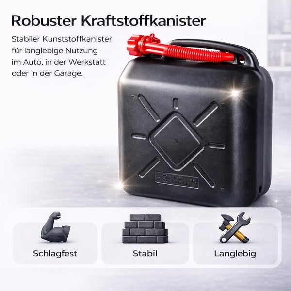 Schwarzer Kraftstoffkanister aus Kunststoff mit rotem Ausgießer