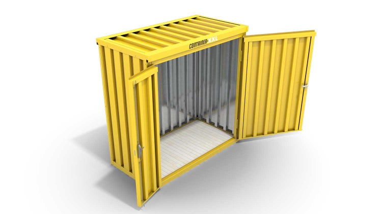 Lagercontainer Gerätehaus S  – 4 qm, H2150 x B2100 x T2170 mm, Außenwandlackierung RAL 1003 signalgelb, Dach außen verzinkt, mit Holzfußboden, 1830 mm Doppelflügeltür mittig in Breitseite, montiert