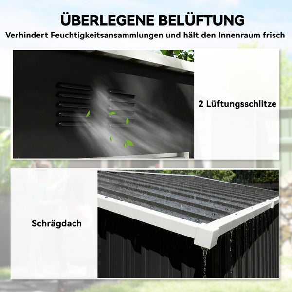Metall-Gerätehaus mit zwei Lüftungsschlitzen zur Belüftung und einem Schrägdach für optimalen Wasserablauf bei Regen.