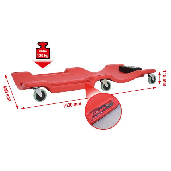 Rotes ergonomisches Montagerollbrett aus Kunststoff mit sechs Lenkrollen und gepolstertem Kopfbereich inklusive KS Tools Logo.