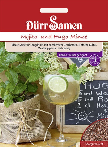 Dürr Samen Logo. Samentüte für Mojito- und Hugo-Minze. Geeignet für Balkon und Kübel. Abbildung der Pflanze, eines Cocktails und des Saatguts.