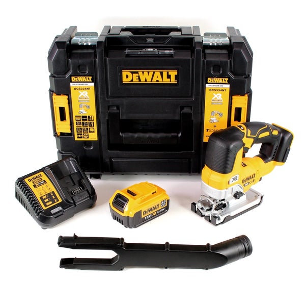 DeWALT Akku-Stichsägen-Set mit Akku-Stichsäge 18 Volt, Akku 4,0 Amperestunden, Ladegerät, Absaugadapter und Werkzeugkoffer.