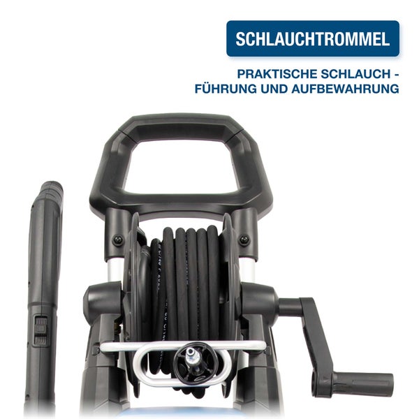 Schlauchtrommel eines Hochdruckreinigers mit praktischer Schlauchführung, Kurbel und Tragegriff.