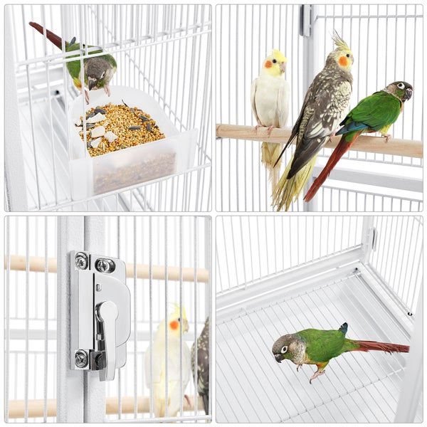 Collage einer Vogelvoliere mit Futterspender, Verschluss und Vögeln