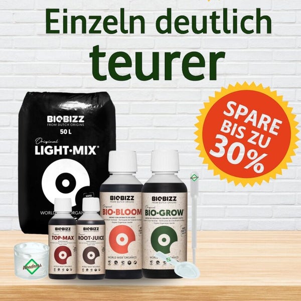 Biobizz Starter-Set mit 50 Liter Light-Mix Erde, Bio-Bloom, Bio-Grow, Top-Max und Root-Juice Dünger inklusive Messbecher und Pipette.