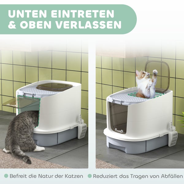 PawHut Katzentoilette zeigt Einstieg unten und Ausstieg oben, inklusive Streuschaufel und transparenter Frontklappe.