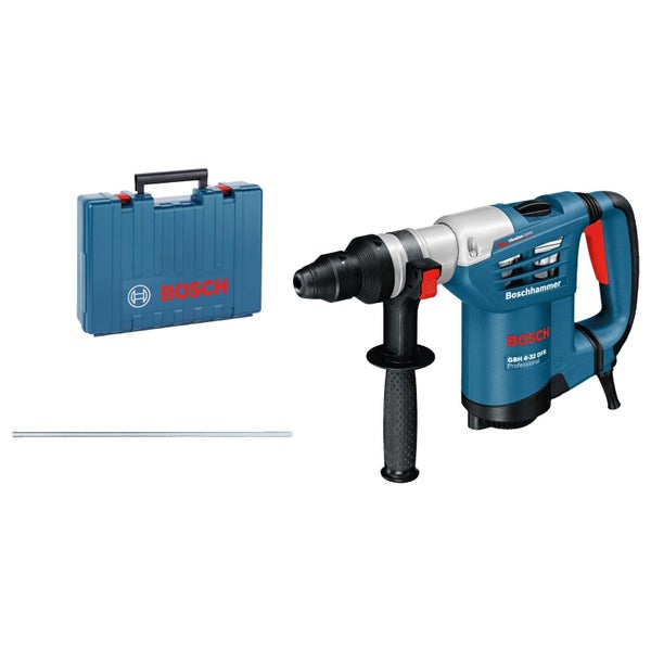 Bosch Bohrhammer GBH 4-32 DFR Professional, blauer Transportkoffer mit Bosch Logo und Tiefenanschlag.