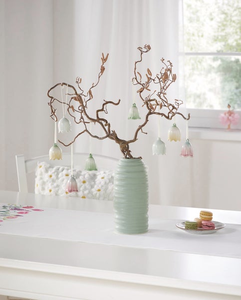 FRANK FLECHTWAREN|Hänger Blumenglöckchen, 8er Set, 4,5 x 4,5 x 5 cm, PORZELLAN, TEXTIL